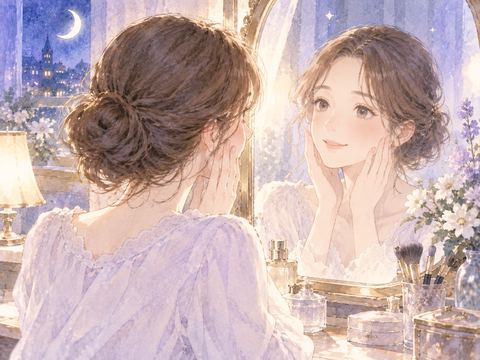 鏡を前に新しい顔を確かめる女性