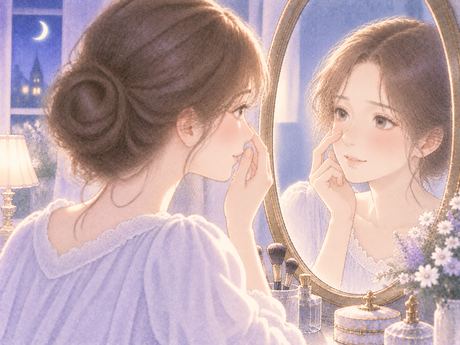 鏡で新しい鼻の印象を確かめる女性