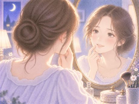 鏡で新しい口元に微笑む女性