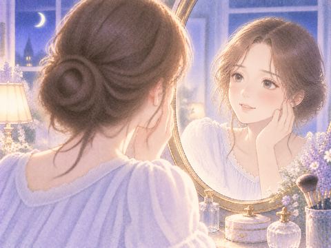 新しい顔の鏡像を見つめる女性