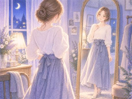 服の上から全身鏡を見る女性