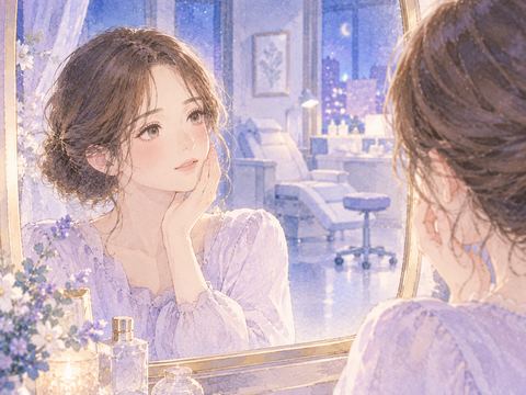 鏡の前で整形を迷う女性