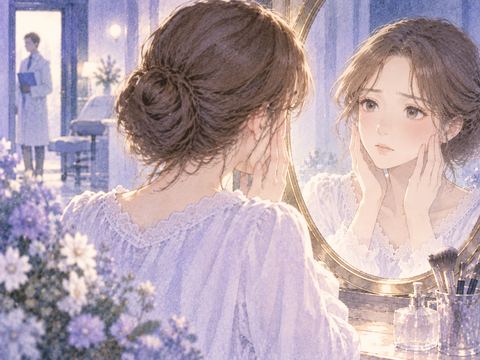 鏡の前で違和感を抱く女性と遠くの人影