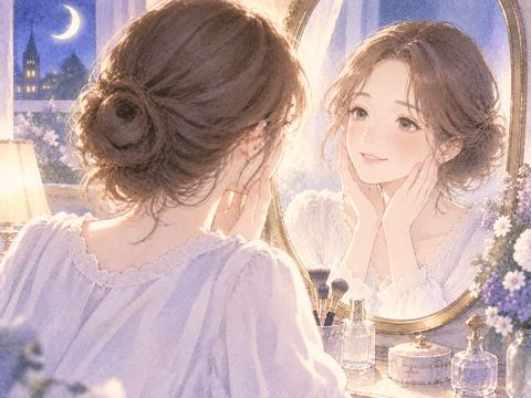 鏡の新しい自分に微笑む女性