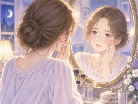 鏡を見て仕上がりに戸惑う女性