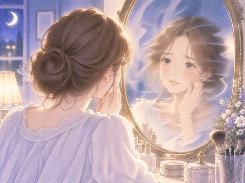 揺らぐ鏡像を見つめる女性