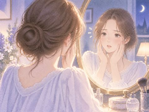 元の顔に戻った鏡像を見る女性