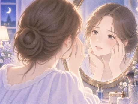 鏡で変わった目元を確かめる女性