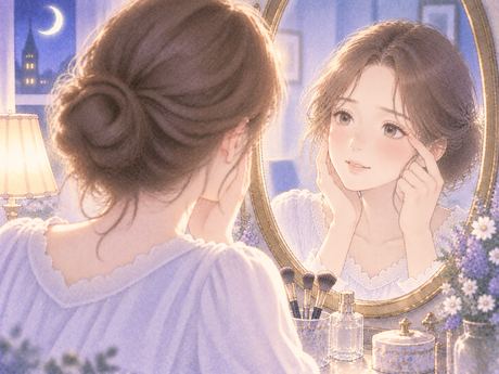 鏡で二重になった目元を見る女性