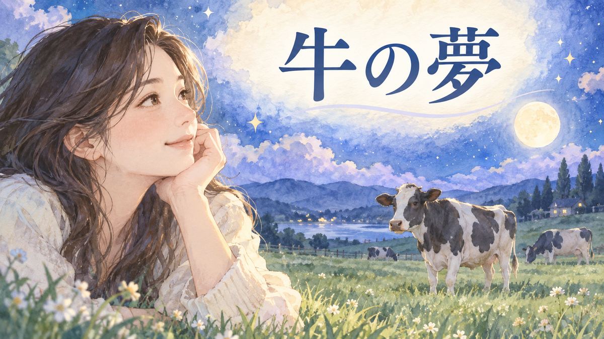 月明かりの牧草地で牛を見つめる大人の女性