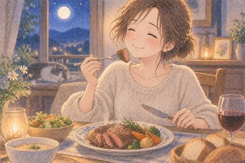 温かな食卓で牛肉料理を前にする女性