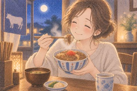 湯気の立つ牛丼を嬉しそうに食べる女性