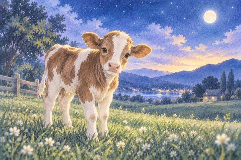 草地で元気に立つ小さな子牛