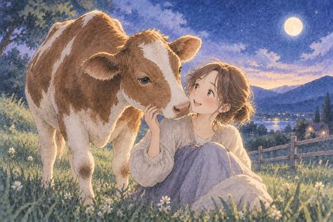 女性のそばへ親しげに近づく穏やかな牛