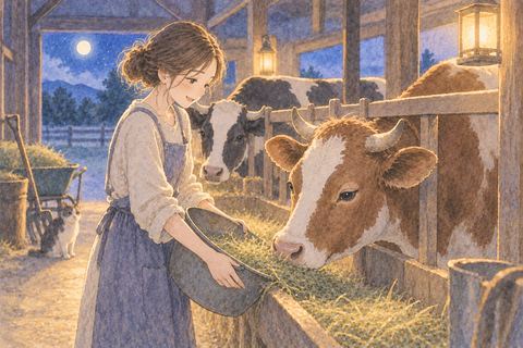 牛舎で牛に餌を与えて世話をする女性