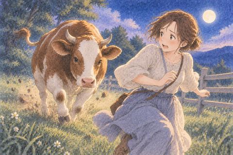 迫る牛から距離を取ろうとする女性