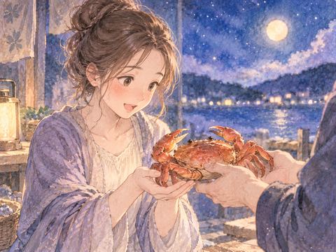 両手で差し出された蟹を受け取る女性