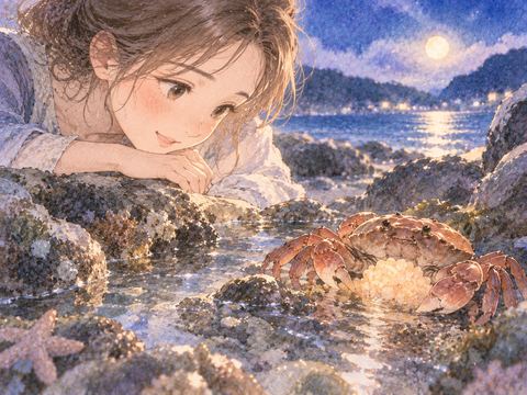 水辺で蟹の卵を静かに見つめる場面