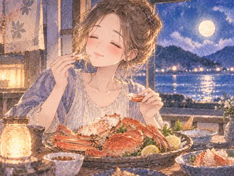 食卓で蟹を味わう大人の女性