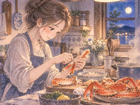 台所で蟹料理を丁寧に作る女性