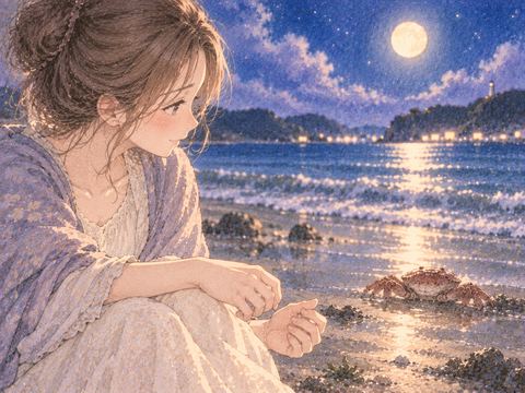 遠ざかる蟹と緊張がほどけた女性の手