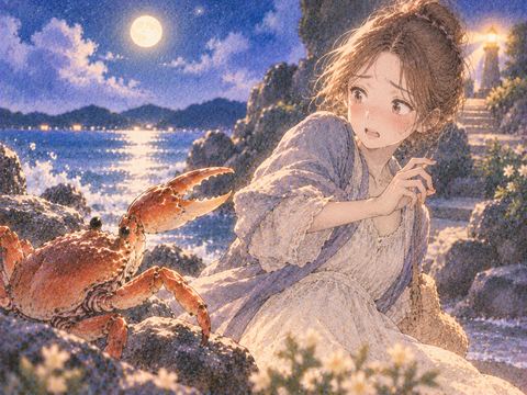 蟹のハサミから手を引いて離れる女性
