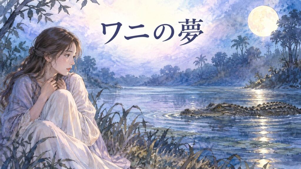 夜の水辺でワニを見つめる大人の女性