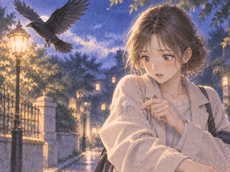 服についたカラスのフンに驚く人物