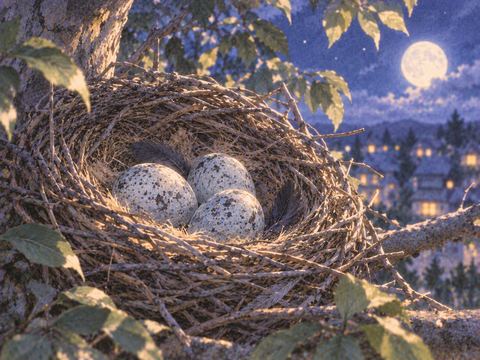 枝の巣に大切に収まるカラスの卵