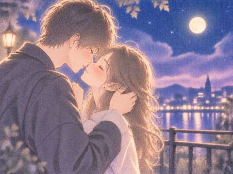 月明かりの下で顔を寄せる男女