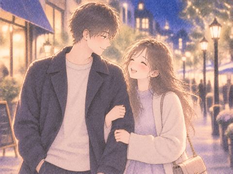 夜の街でデートを楽しむ男女