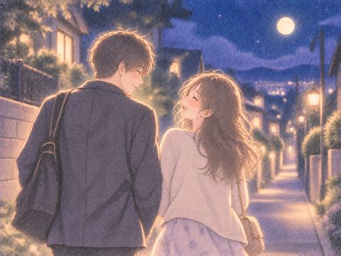 夜の帰り道を並んで歩く男女