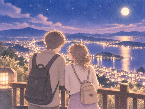 旅行先の夜景を一緒に眺める男女