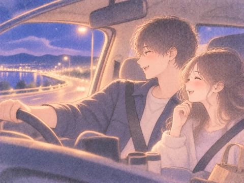 夜のドライブを楽しむ男女