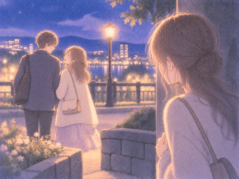 親しげな二人を遠くから見る女性