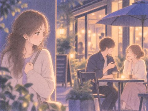 楽しそうに話す男女を見つめる女性