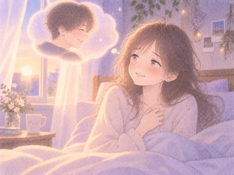 目覚めて胸に手を当て夢の余韻を感じる女性