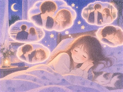 眠る女性の周囲に同じ好きな人の夢が浮かぶ様子