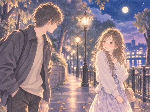 目が合った男女が互いに近づく場面