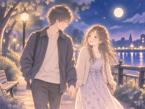 手をつないで並んで歩く男女