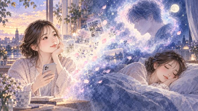 日中に好きな人を思う場面が夜の夢へ溶け込む女性