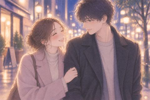 恋人のように並んで夜道を歩く女性と好きな人