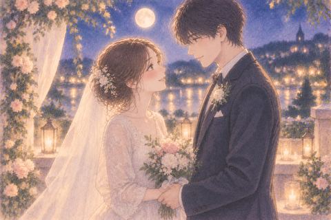 月明かりの中で結婚式のように向かい合う女性と好きな人