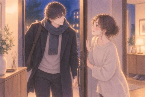 夜の自宅で好きな人を迎える女性