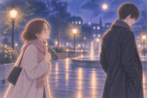 距離を置く好きな人を前に悲しそうに立つ女性