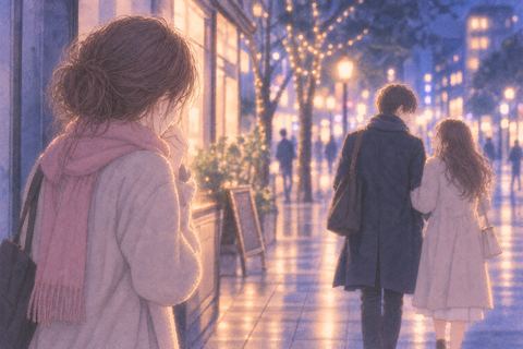 好きな人が別の人と並ぶ姿を遠くから見る女性