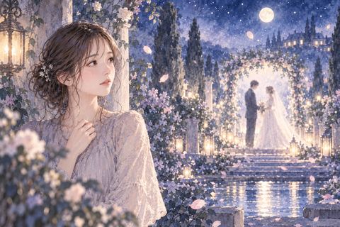 遠くの結婚式を見つめる女性と好きな人