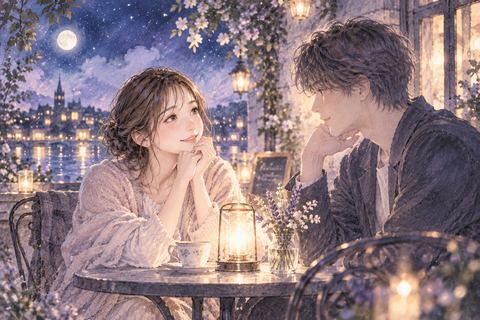 夜の静かな場所で好きな人と向かい合って話す女性