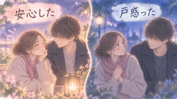 好きな人との同じ近さを安心と戸惑いの二つの感情で示した図
