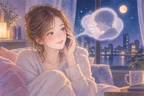 夜の窓辺で好きな人と電話する女性